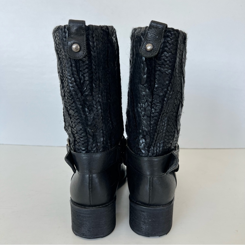 ♦️SOLD♦️STUART WEITZMAN Charcoal Black Leather Coated Knit Moto Mid Calf Boots - Picture 6 of 15